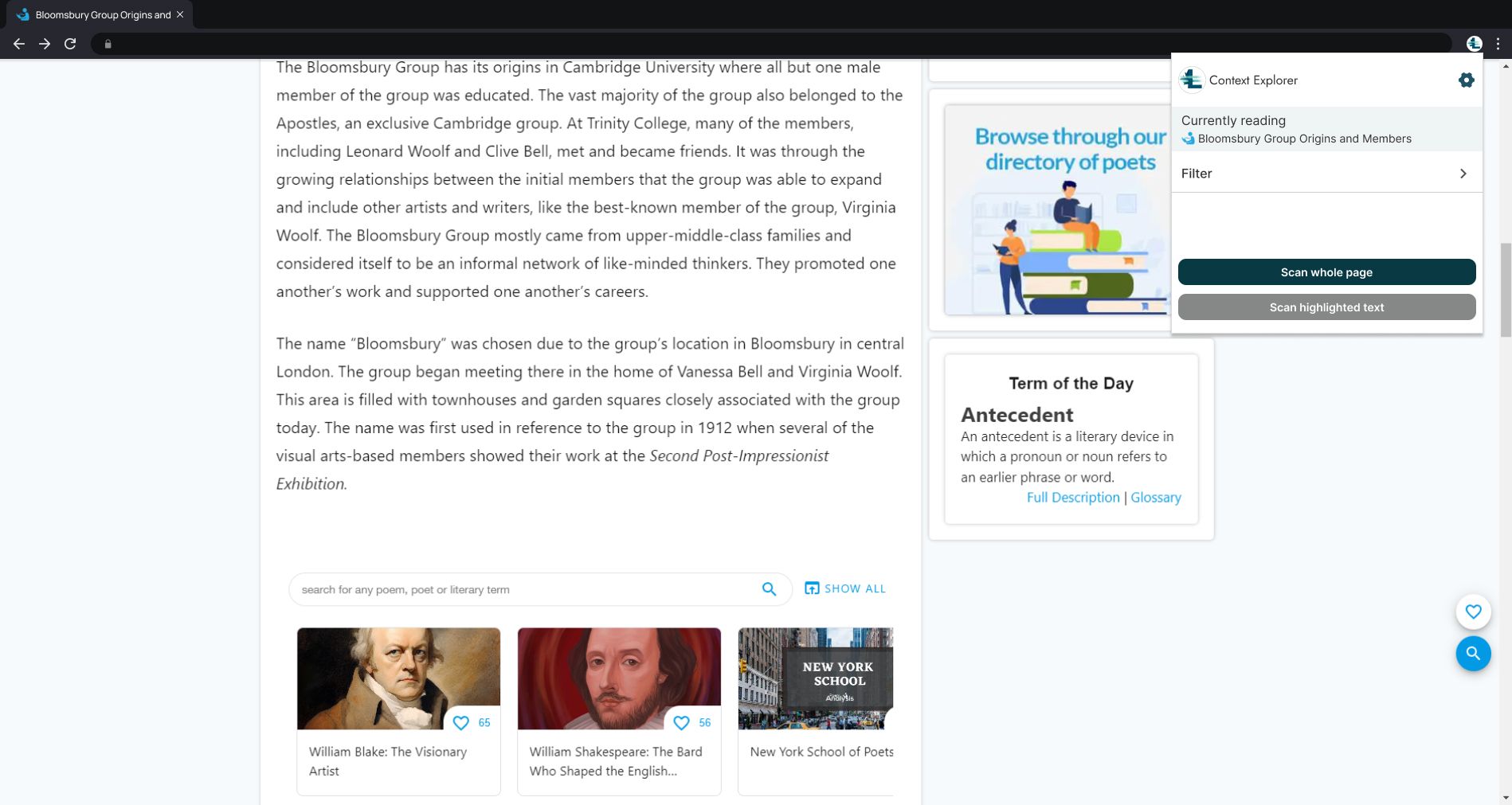 Selecting the context explorer extension dropdown.